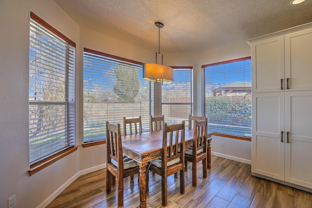 dining room with a textured ceiling, baseboards, and wood finished floors