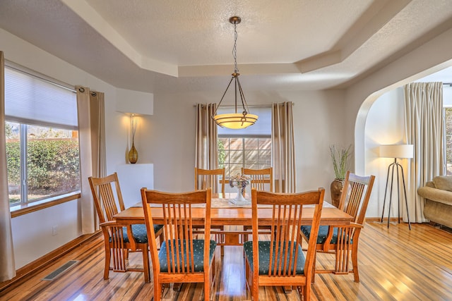 dining area featuring a healthy amount of sunlight, light wood finished floors, and a raised ceiling