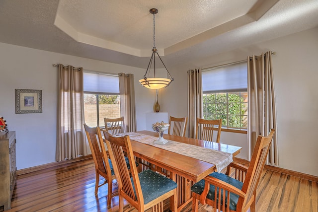 dining room featuring light wood finished floors, a tray ceiling, a textured ceiling, and baseboards