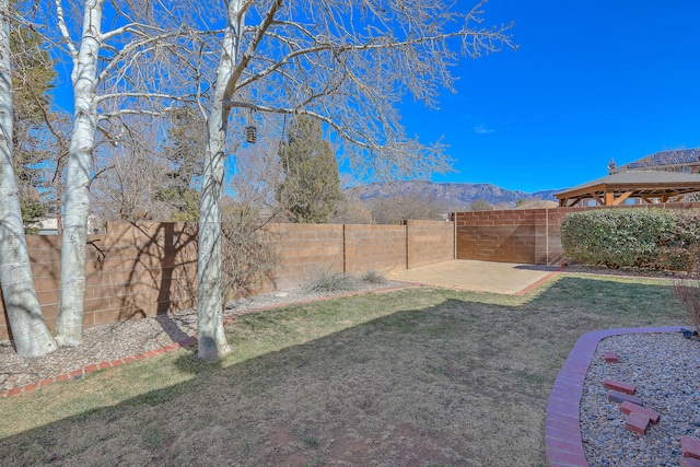 view of yard with a fenced backyard, a mountain view, and a patio