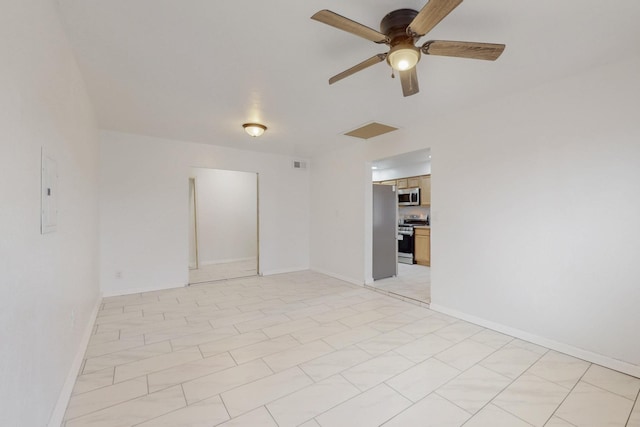 spare room with electric panel, visible vents, baseboards, and a ceiling fan