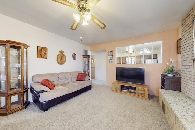 living room with carpet flooring and ceiling fan