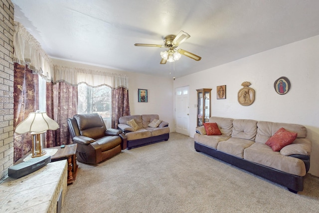 living room featuring light carpet and ceiling fan