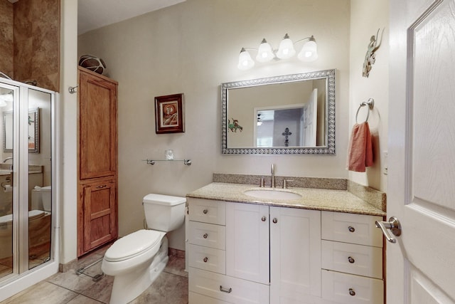 full bathroom with a shower stall, vanity, toilet, and tile patterned floors