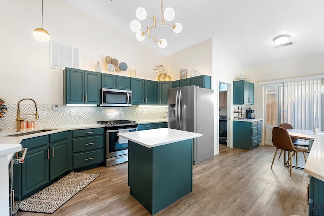 kitchen with light wood-type flooring, visible vents, a sink, a center island, and stainless steel appliances