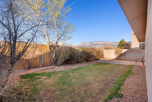 view of yard with a mountain view, a fenced backyard, and a patio area