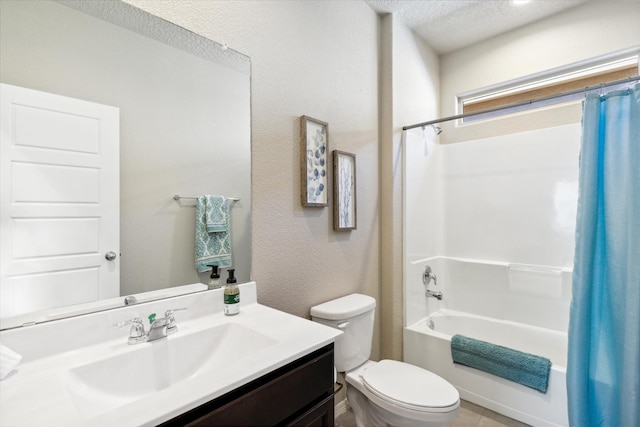 full bathroom featuring a textured ceiling, a textured wall, toilet, vanity, and shower / bathtub combination with curtain