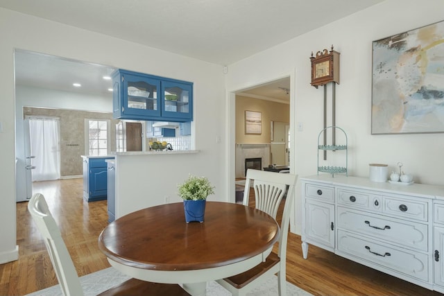 dining room featuring wood finished floors and a glass covered fireplace