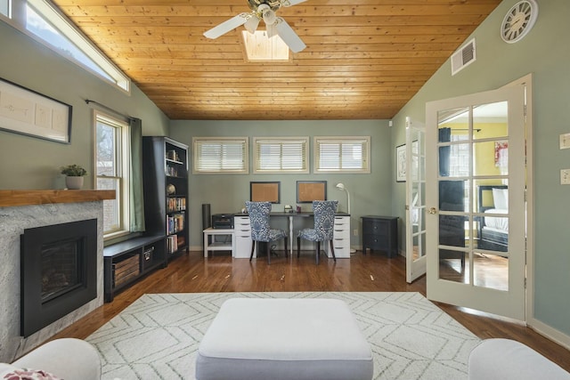 interior space with lofted ceiling, wood ceiling, wood finished floors, and visible vents