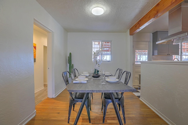 dining space featuring a wealth of natural light, a textured wall, a textured ceiling, and wood finished floors