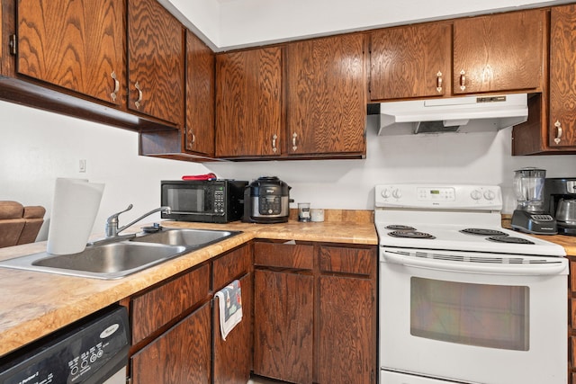 kitchen with white range with electric stovetop, a sink, black microwave, dishwasher, and under cabinet range hood