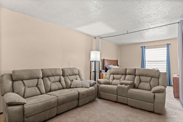 living room featuring a textured ceiling and carpet