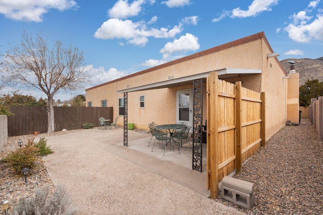 rear view of property with a patio area, a fenced backyard, and stucco siding