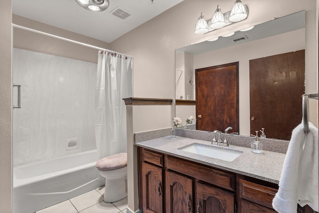 bathroom featuring shower / bath combination with curtain, tile patterned flooring, visible vents, and vanity