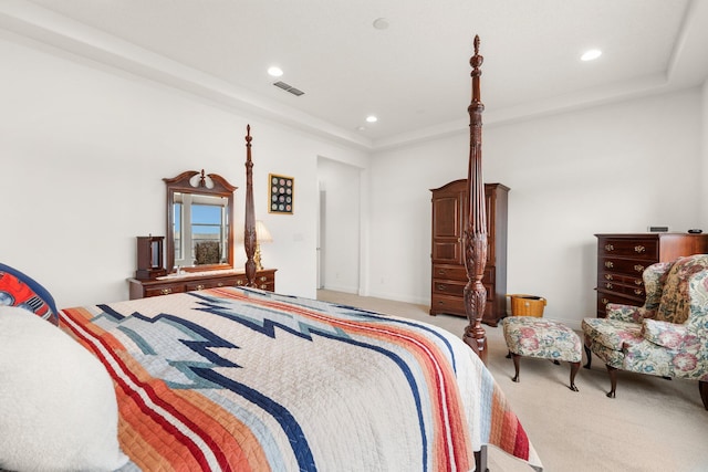 carpeted bedroom with recessed lighting, visible vents, and baseboards