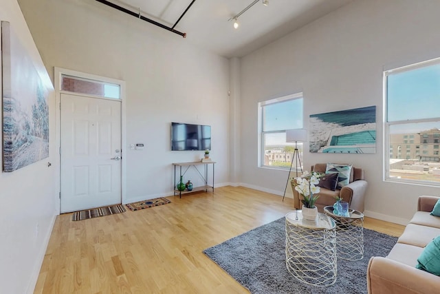 living area with a high ceiling, rail lighting, baseboards, and wood finished floors