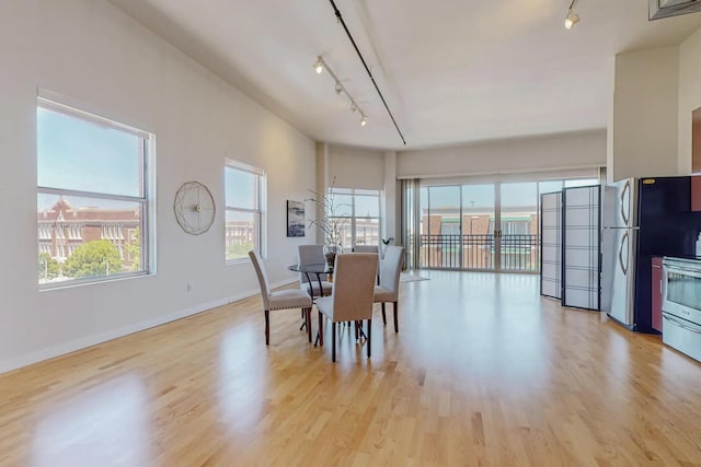 dining space featuring light wood finished floors, rail lighting, and baseboards