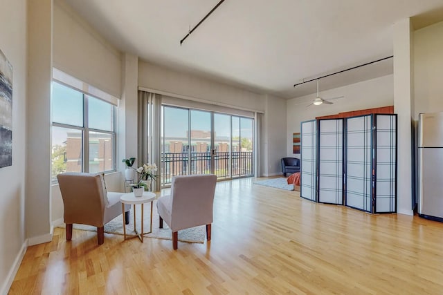 living area featuring a healthy amount of sunlight, baseboards, and wood finished floors