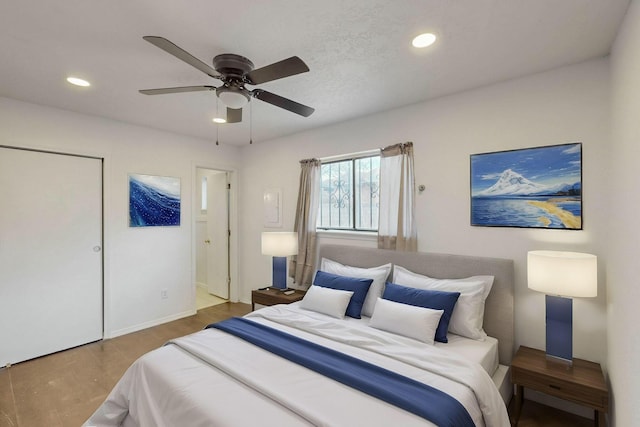 bedroom featuring recessed lighting, a ceiling fan, and wood finished floors