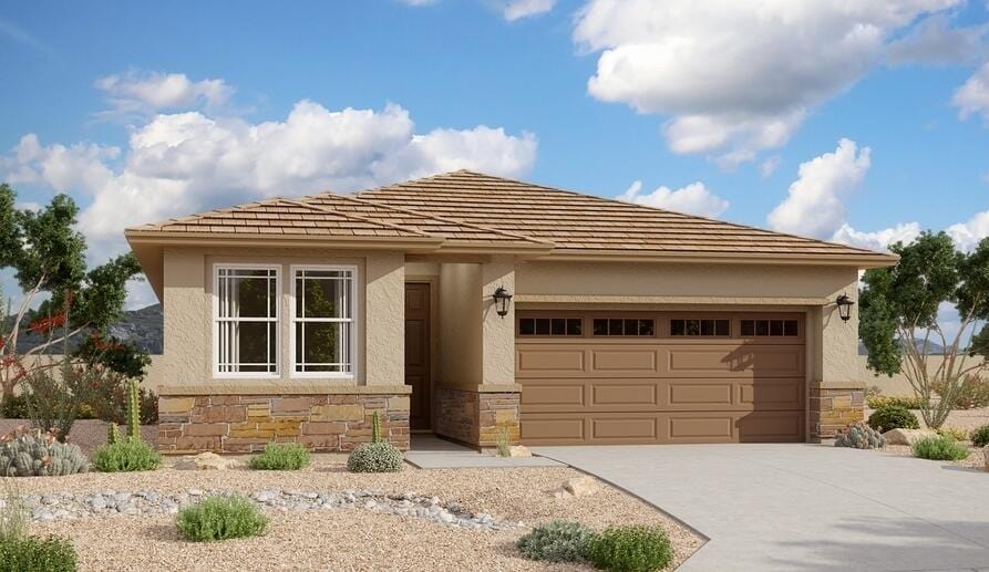 3125 Wolf Tail Loop NE, Rio Rancho, NM 87144 - single story home with an attached garage, stone siding, concrete driveway, and stucco siding