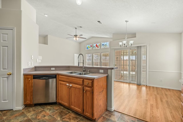 kitchen with visible vents, brown cabinetry, a peninsula, stainless steel dishwasher, and a sink