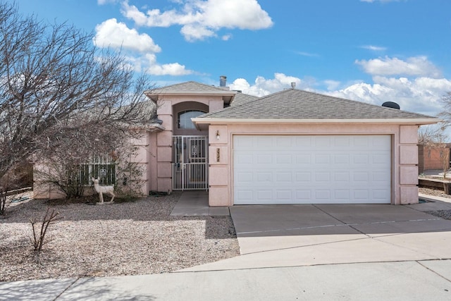 view of front of property featuring stucco siding, a shingled roof, a gate, a garage, and driveway