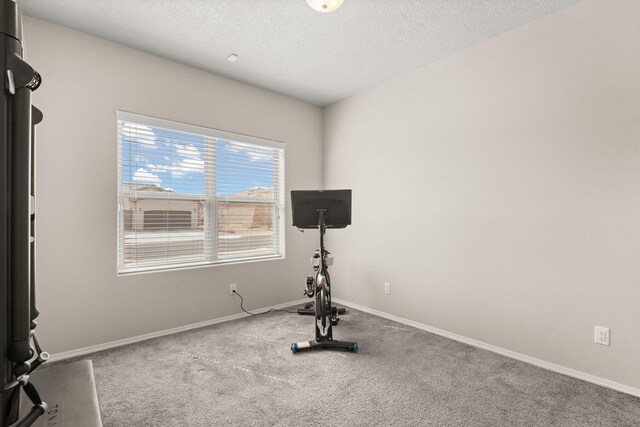 exercise area with carpet flooring, a textured ceiling, and baseboards