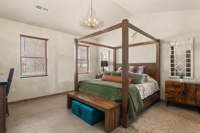 1800 Los Pinos Rd, Bosque Farms, NM 87068 - bedroom featuring vaulted ceiling, a chandelier, baseboards, and concrete flooring