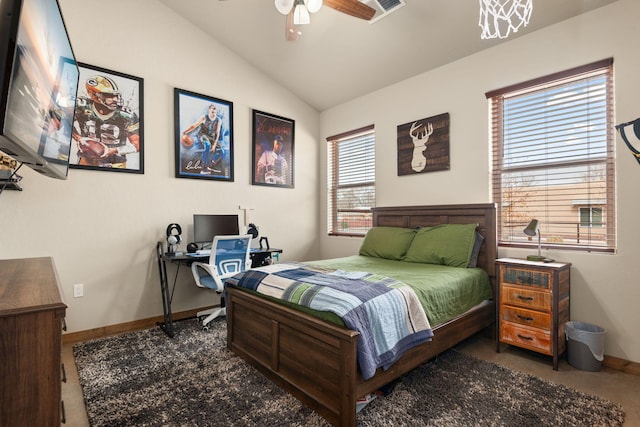 1800 Los Pinos Rd, Bosque Farms, NM 87068 - carpeted bedroom with vaulted ceiling, baseboards, and ceiling fan