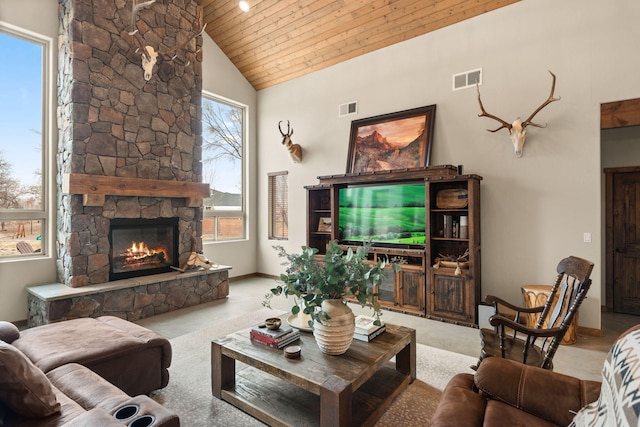 1800 Los Pinos Rd, Bosque Farms, NM 87068 - carpeted living room featuring a fireplace, high vaulted ceiling, wooden ceiling, and baseboards