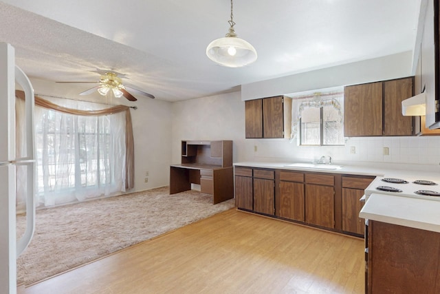 kitchen with light carpet, white appliances, light countertops, light wood-type flooring, and a sink