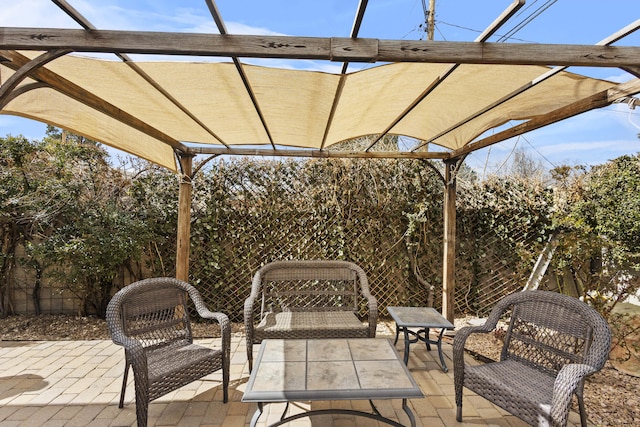 view of patio / terrace featuring a fenced backyard and a pergola