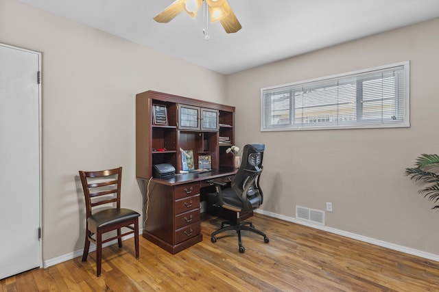 office with ceiling fan, light wood-style flooring, visible vents, and baseboards