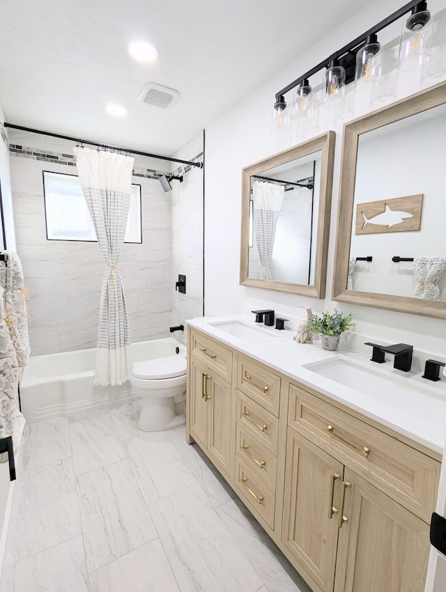 full bath with double vanity, visible vents, shower / tub combo, and a sink