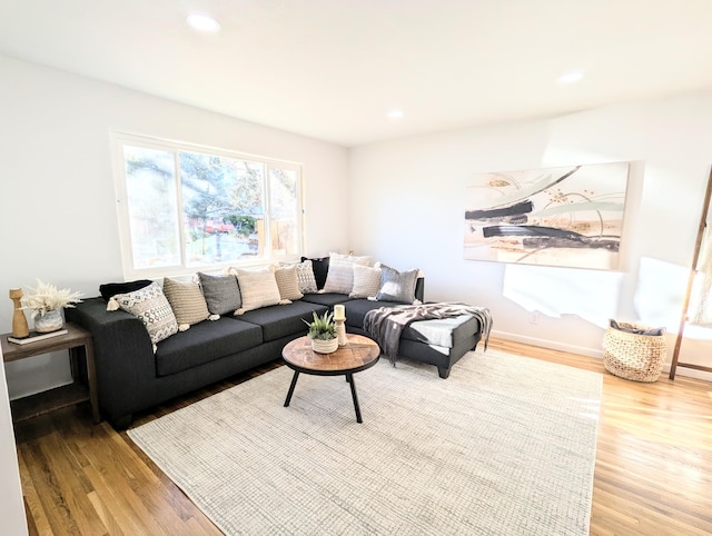 living room with recessed lighting and wood finished floors