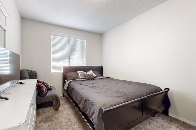 bedroom with multiple windows, light colored carpet, and a textured ceiling