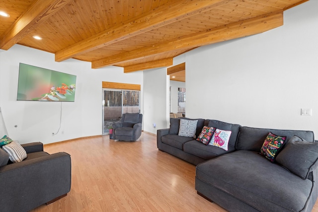 living room featuring wooden ceiling, beamed ceiling, baseboards, and wood finished floors