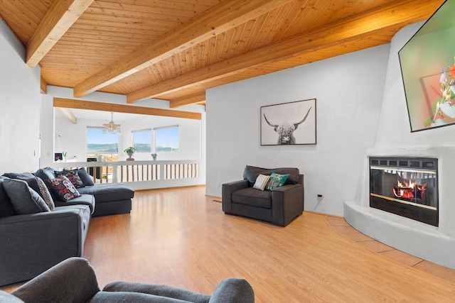 living room with a chandelier, wood finished floors, wood ceiling, beamed ceiling, and a glass covered fireplace