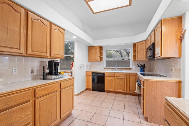 kitchen with light tile patterned floors, open shelves, decorative backsplash, a sink, and black appliances