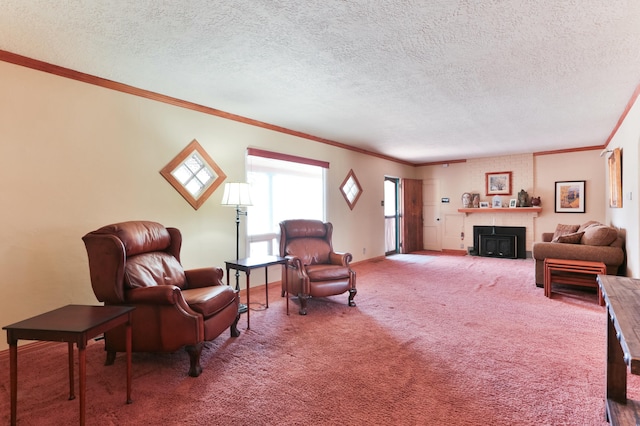 carpeted living area featuring a textured ceiling and ornamental molding