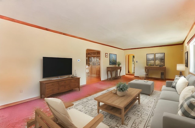 living room with arched walkways, light colored carpet, baseboards, and ornamental molding