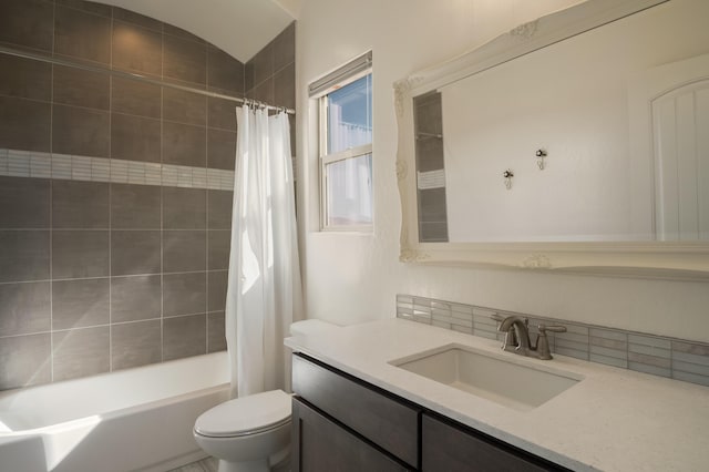 full bath featuring vanity, toilet, and shower / bathtub combination with curtain