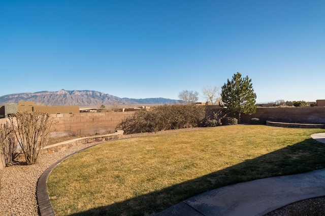 view of yard with a fenced backyard and a mountain view