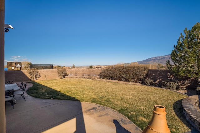 view of yard with a patio area, a mountain view, and a fenced backyard