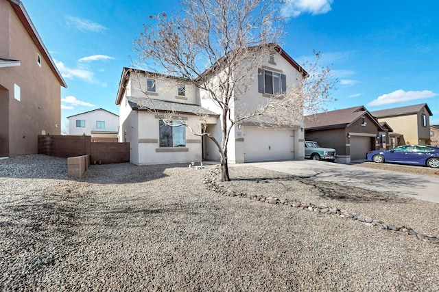 traditional home with stucco siding, fence, a residential view, concrete driveway, and a garage