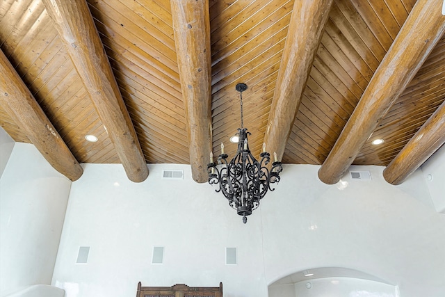 details featuring beamed ceiling, wooden ceiling, visible vents, and recessed lighting