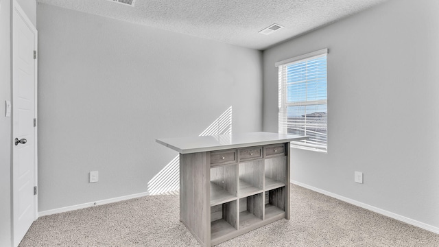 unfurnished office featuring light carpet, visible vents, a textured ceiling, and baseboards