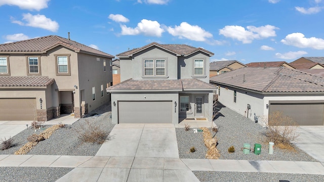 889 Tazanita Loop SE, Rio Rancho, NM 87124 - traditional-style house with stucco siding, driveway, an attached garage, a residential view, and stone siding