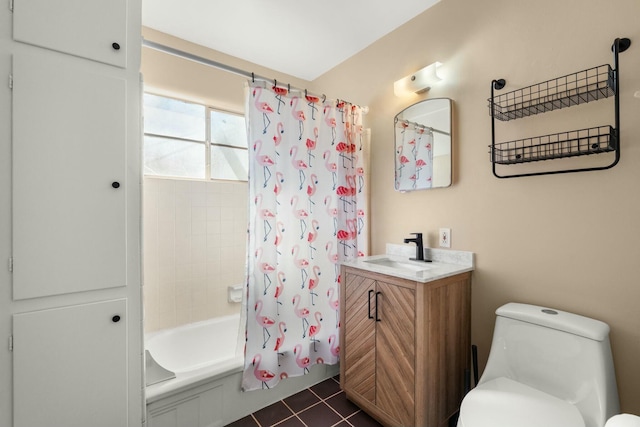 full bath featuring toilet, tile patterned flooring, shower / bathtub combination with curtain, and vanity