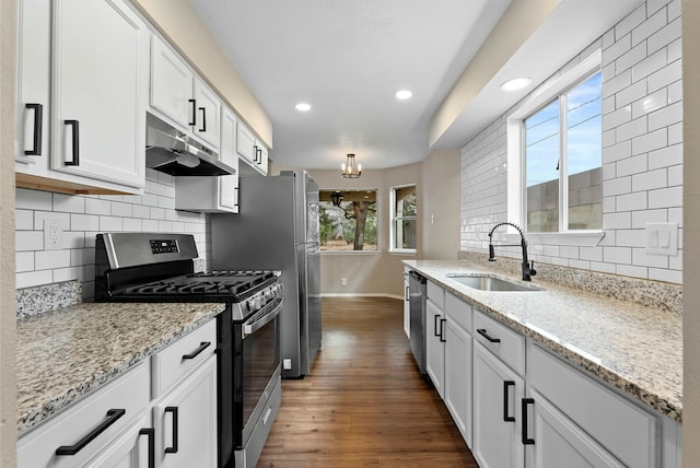 kitchen featuring stainless steel appliances, wood finished floors, a sink, light stone countertops, and under cabinet range hood